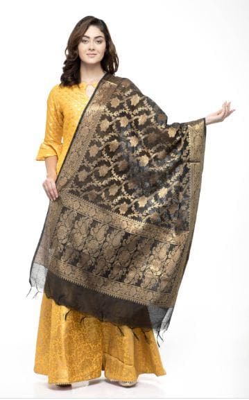 A R Silk Women's Chanderi Zari Embroidery Black Fancy Dupatta | Grocsy