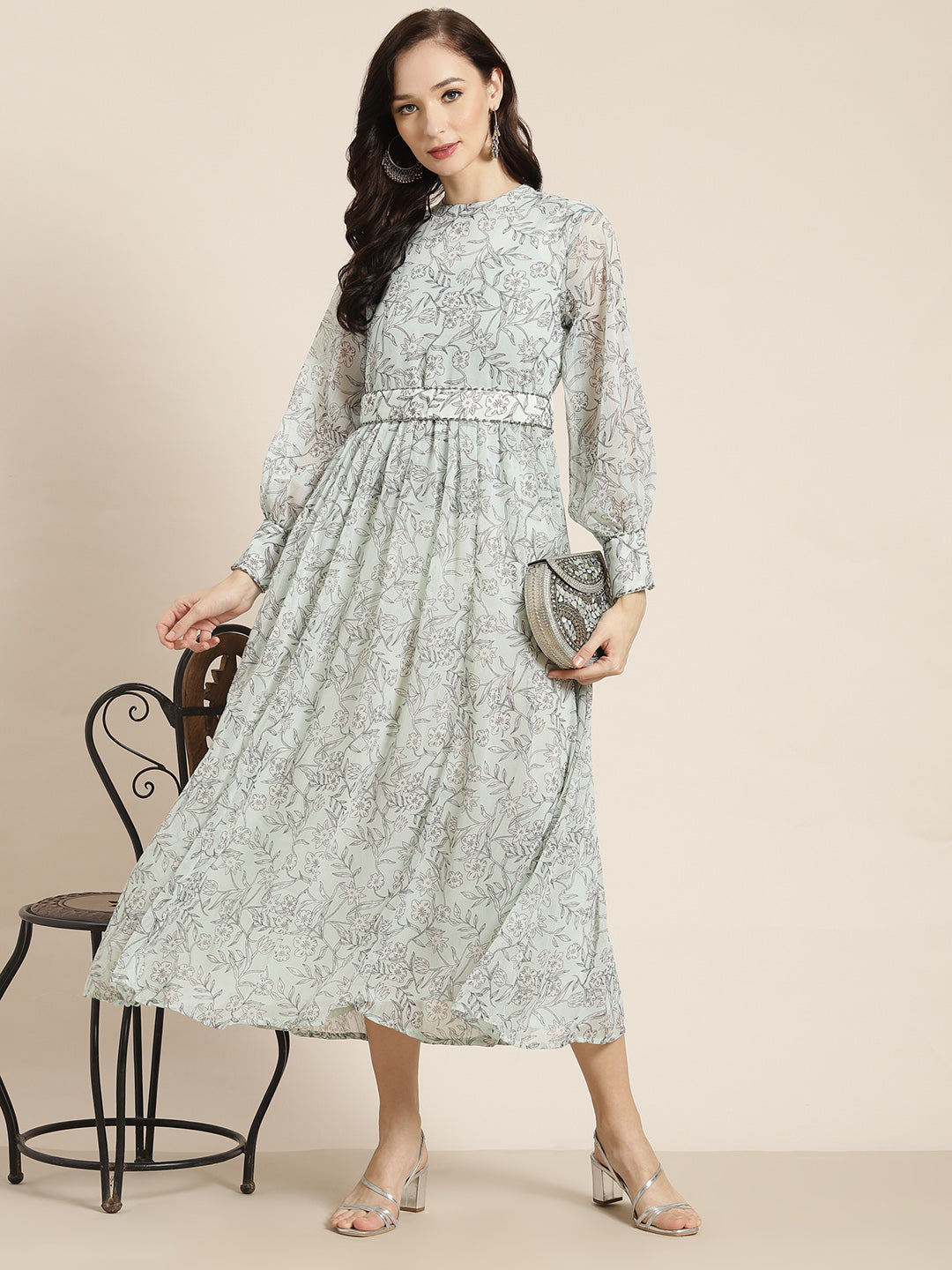 Juniper Womens Sagegreen Chiffon Digital Floral Printed Maxi Dress | Grocsy