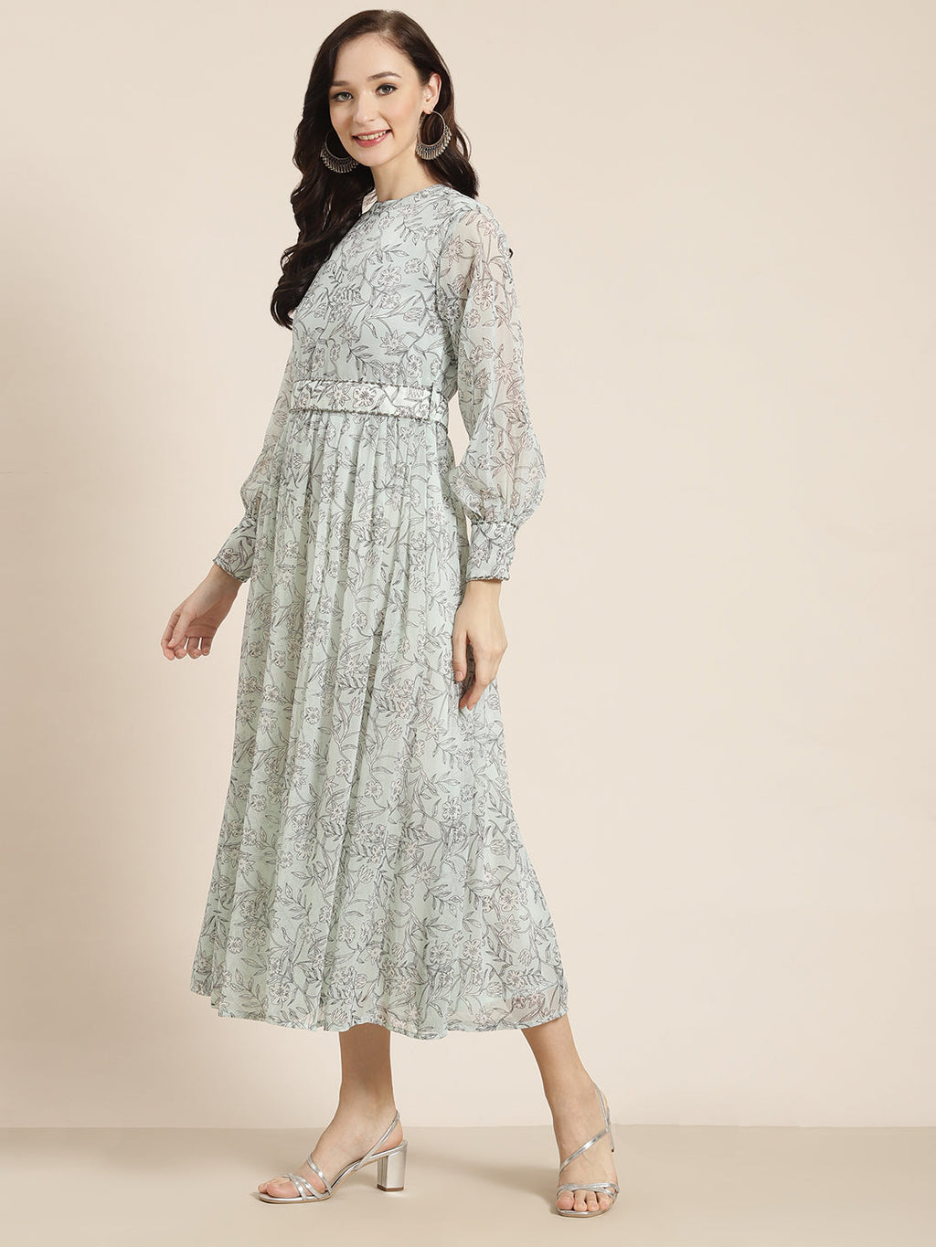 Juniper Womens Sagegreen Chiffon Digital Floral Printed Maxi Dress | Grocsy