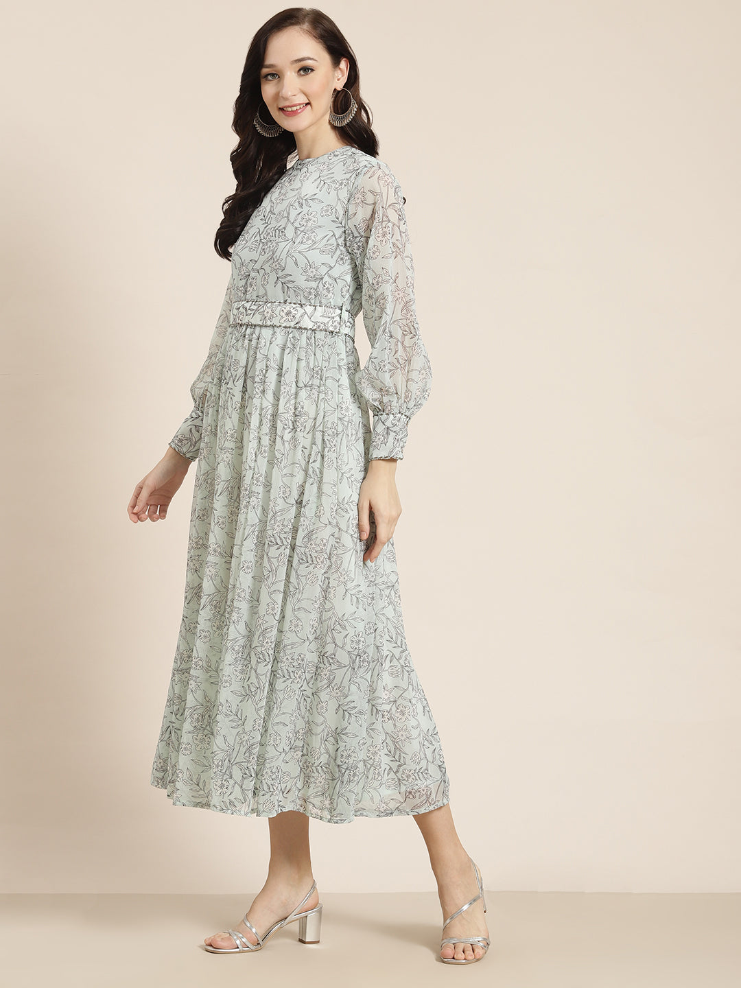 Juniper Womens Sagegreen Chiffon Digital Floral Printed Maxi Dress | Grocsy