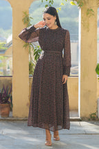 Juniper Women's Black Chiffon Printed Flared Dress | Grocsy