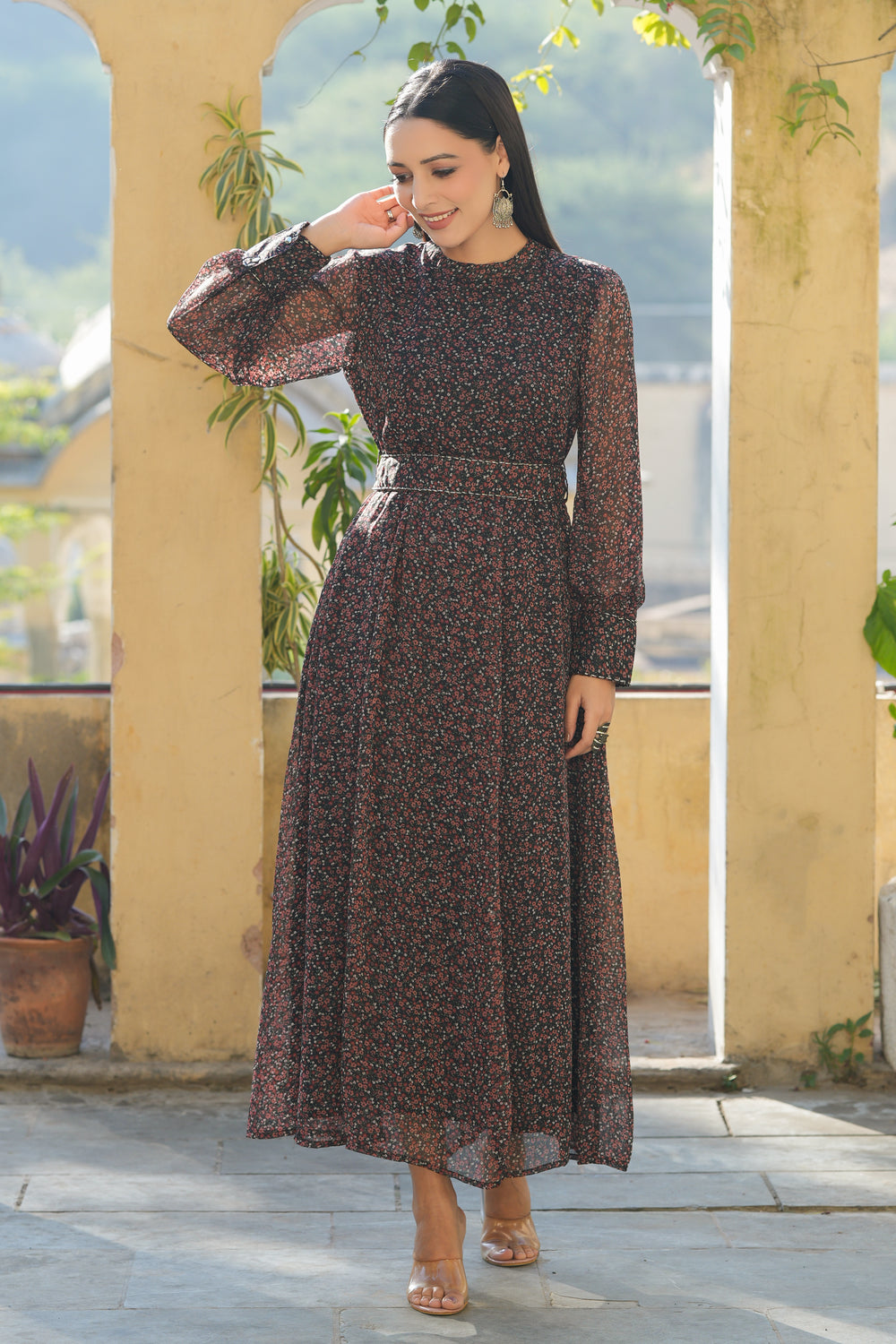 Juniper Women's Black Chiffon Printed Flared Dress | Grocsy