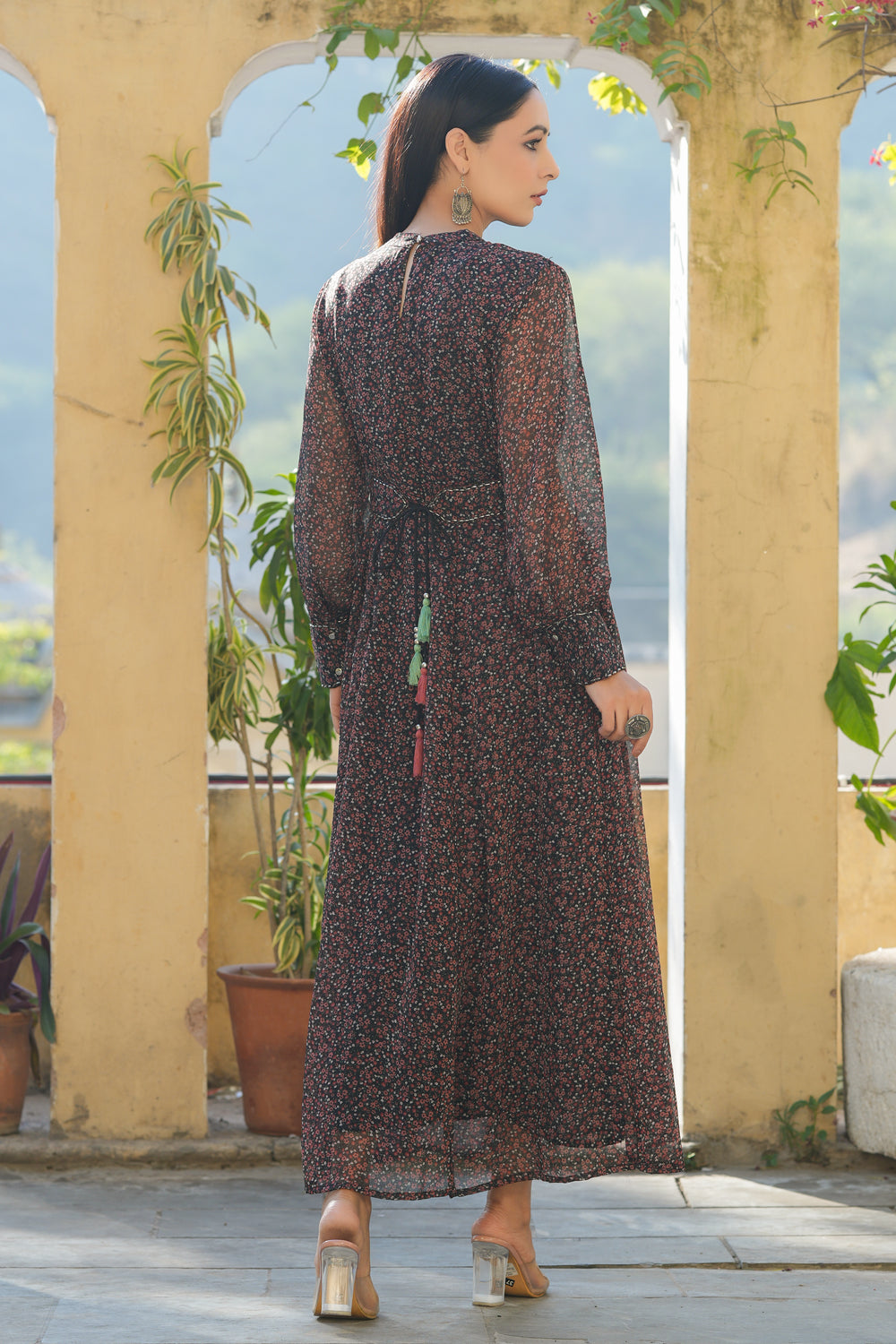 Juniper Women's Black Chiffon Printed Flared Dress | Grocsy