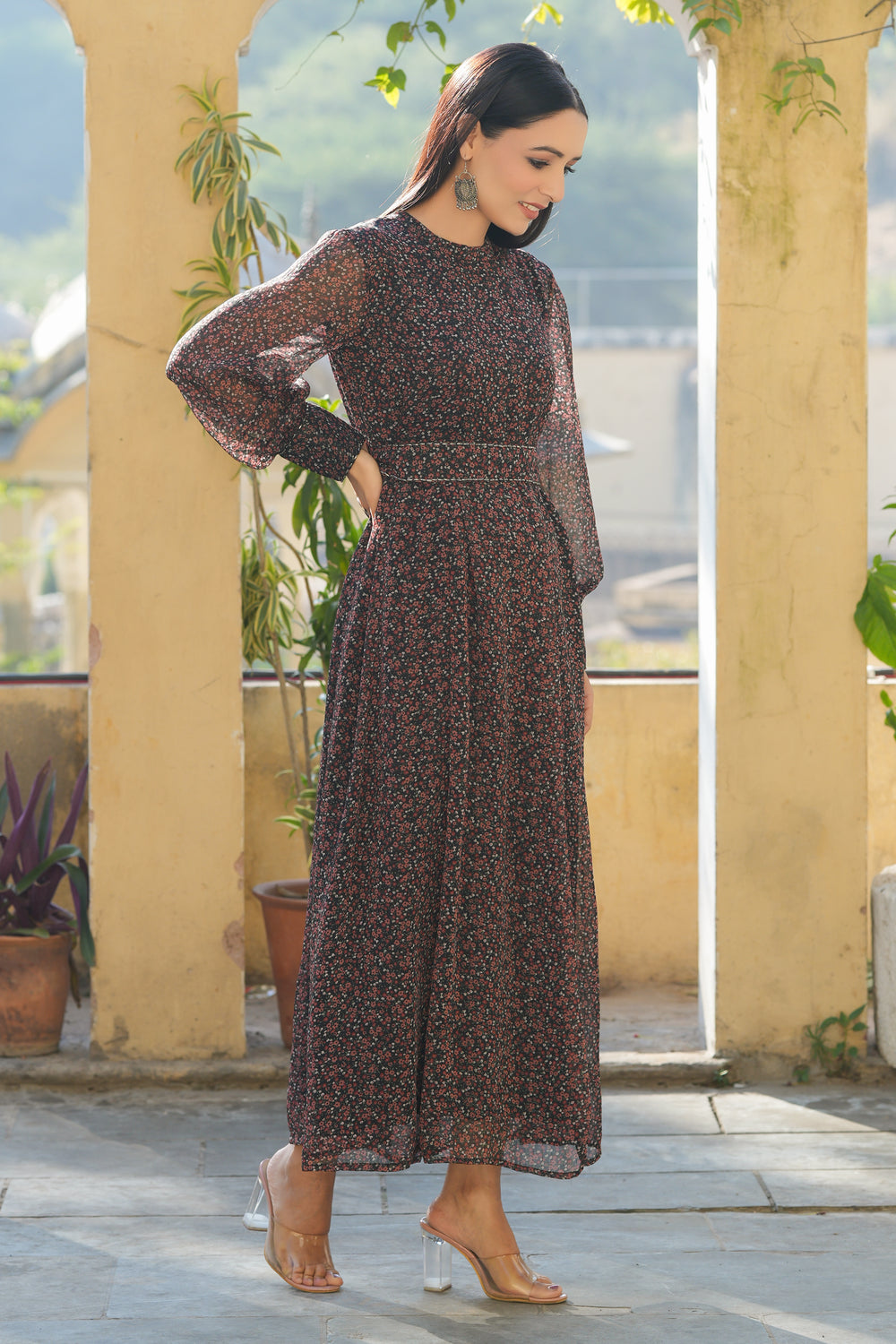 Juniper Women's Black Chiffon Printed Flared Dress | Grocsy