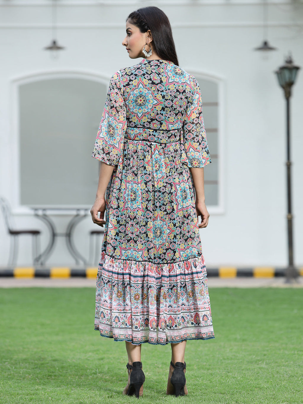 Juniper Womens Black Chiffon Digital Printed Tiered Maxi Dress | Grocsy