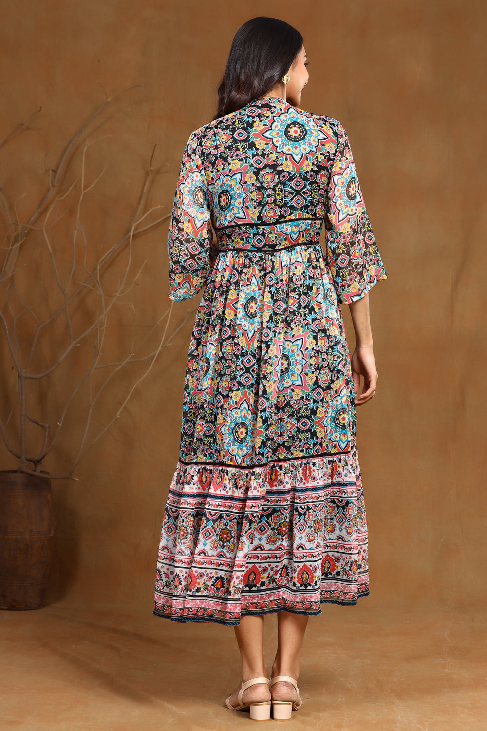Juniper Women's Black Chiffon Printed Tiered Dress | Grocsy