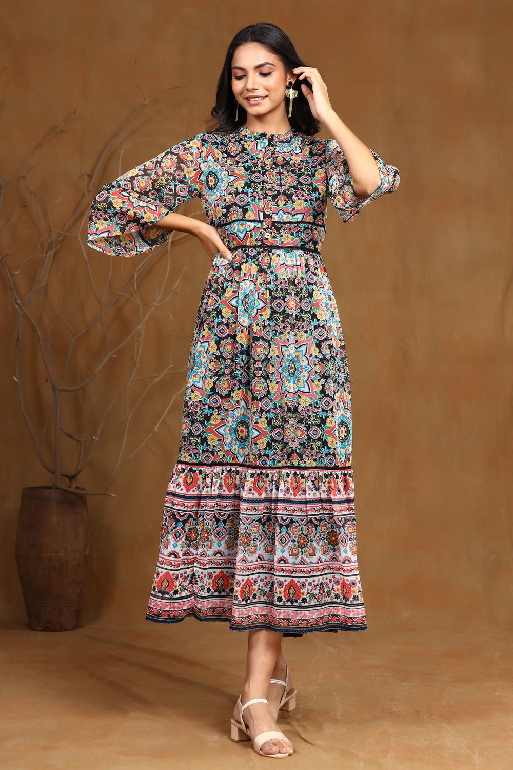 Juniper Women's Black Chiffon Printed Tiered Dress | Grocsy