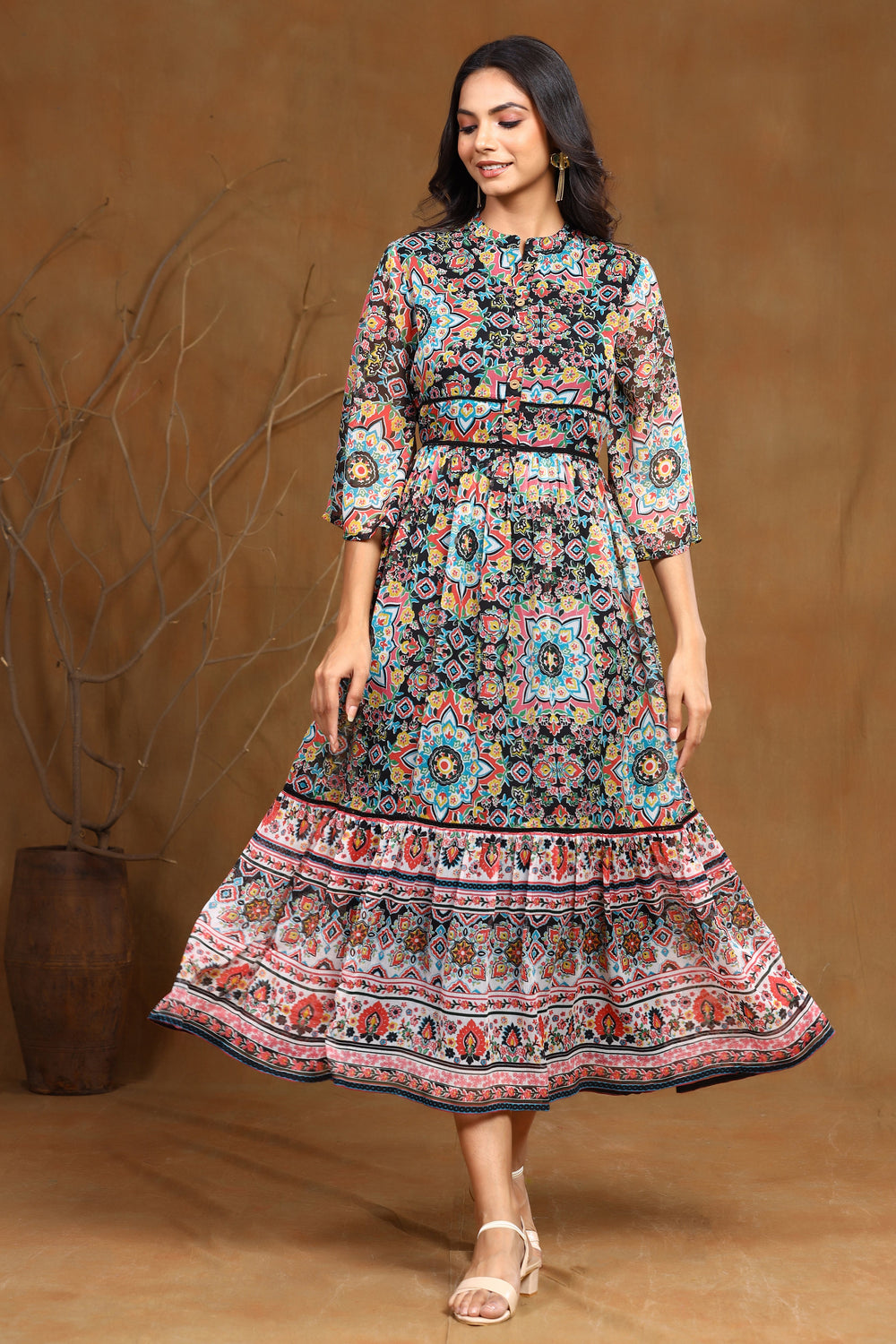 Juniper Women's Black Chiffon Printed Tiered Dress | Grocsy