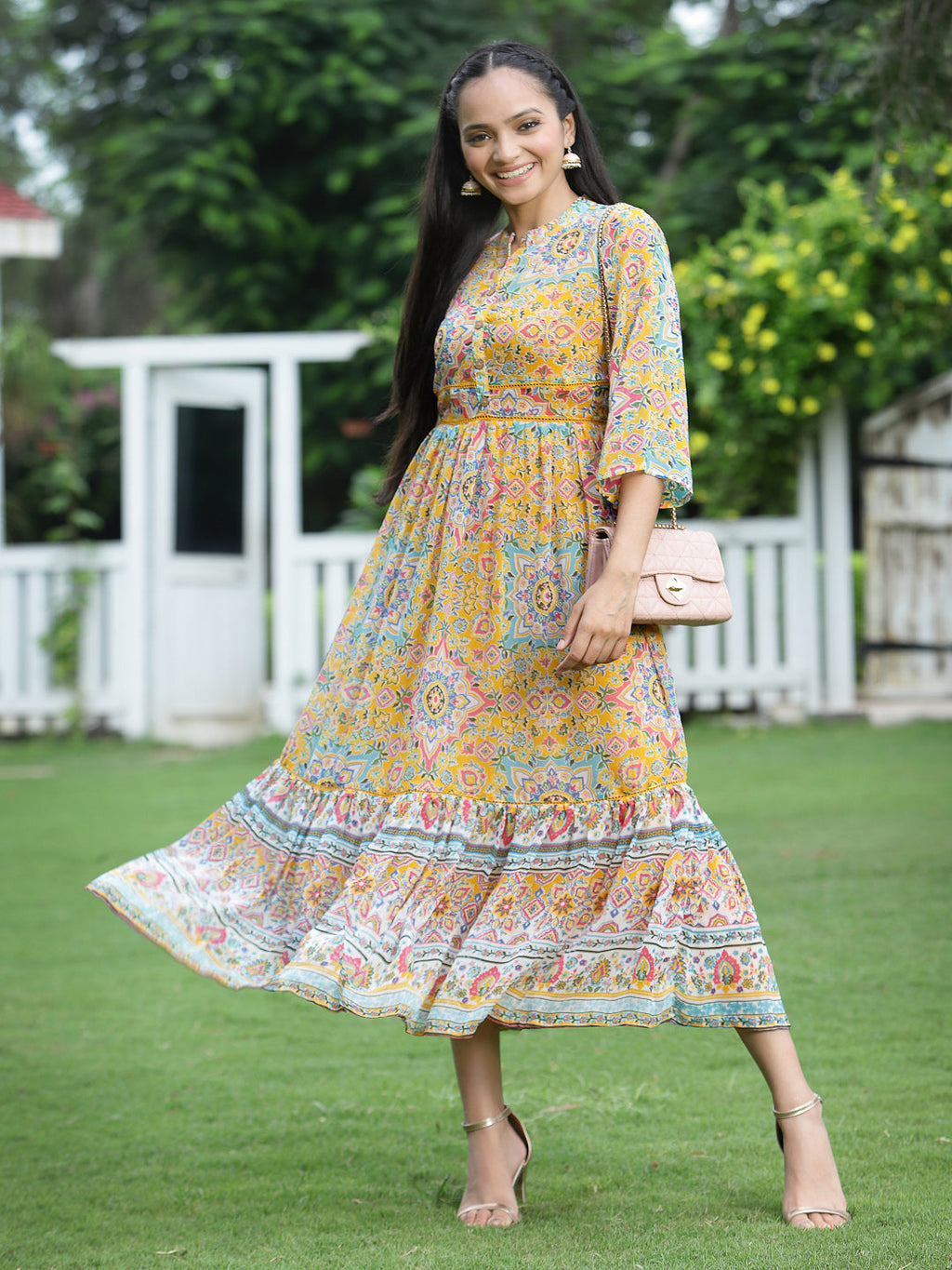 Juniper Womens Mustard Chiffon Digital Printed Tiered Maxi Dress | Grocsy