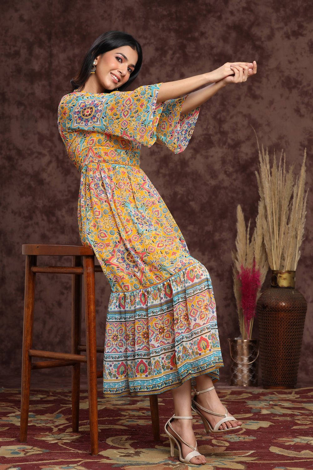 Juniper Women's Mustard Chiffon Printed Tiered Dress | Grocsy