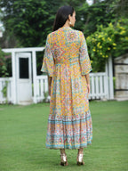 Juniper Womens Mustard Chiffon Digital Printed Tiered Maxi Dress | Grocsy