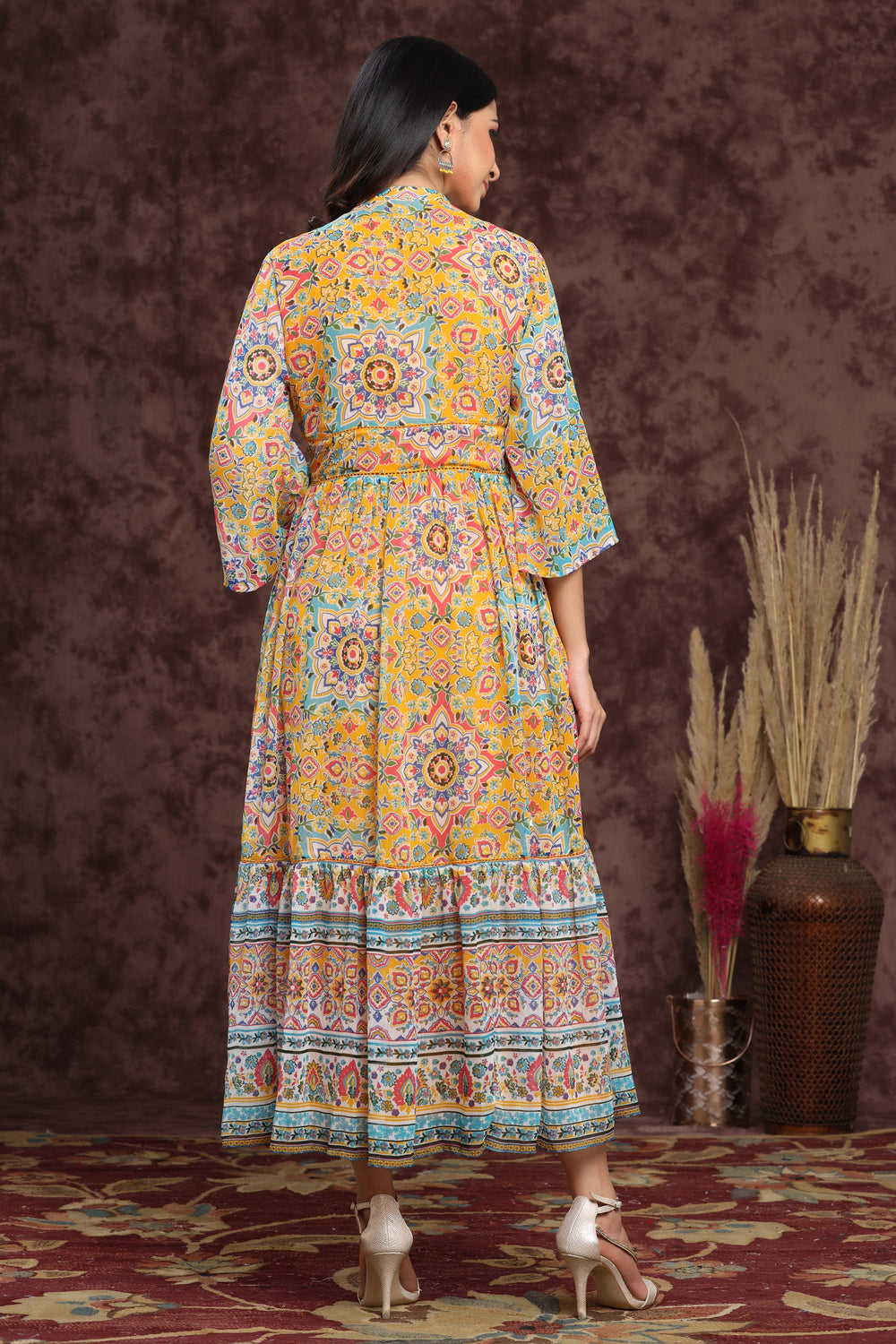 Juniper Women's Mustard Chiffon Printed Tiered Dress | Grocsy