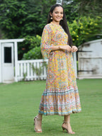 Juniper Womens Mustard Chiffon Digital Printed Tiered Maxi Dress | Grocsy