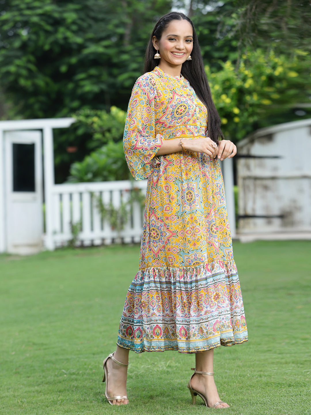 Juniper Womens Mustard Chiffon Digital Printed Tiered Maxi Dress | Grocsy