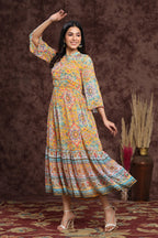 Juniper Women's Mustard Chiffon Printed Tiered Dress | Grocsy