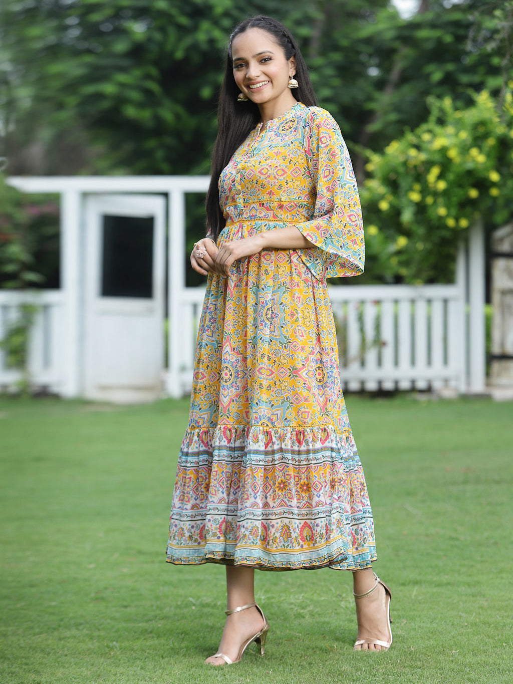 Juniper Womens Mustard Chiffon Digital Printed Tiered Maxi Dress | Grocsy