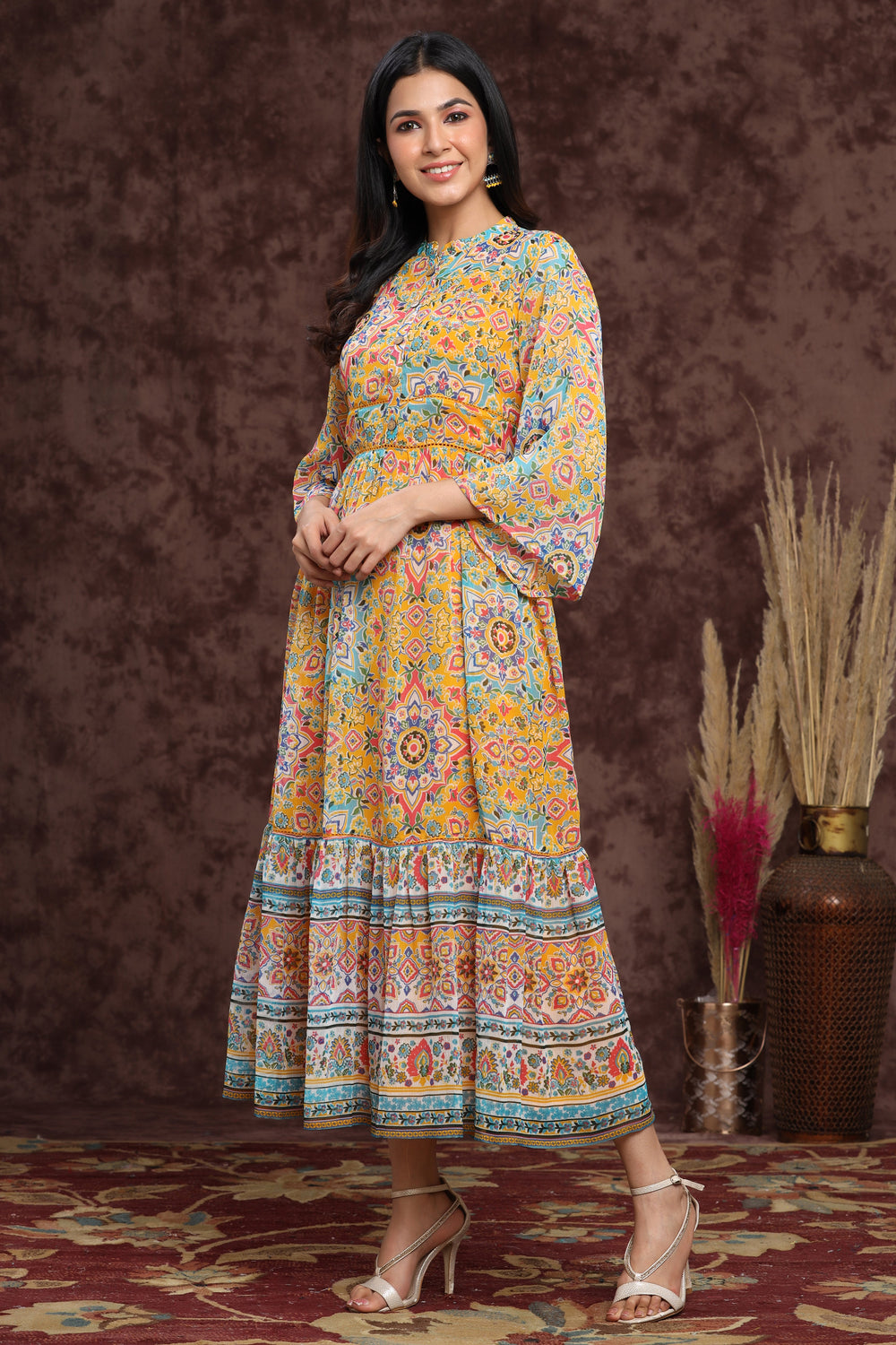 Juniper Women's Mustard Chiffon Printed Tiered Dress | Grocsy