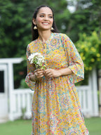 Juniper Womens Mustard Chiffon Digital Printed Tiered Maxi Dress | Grocsy