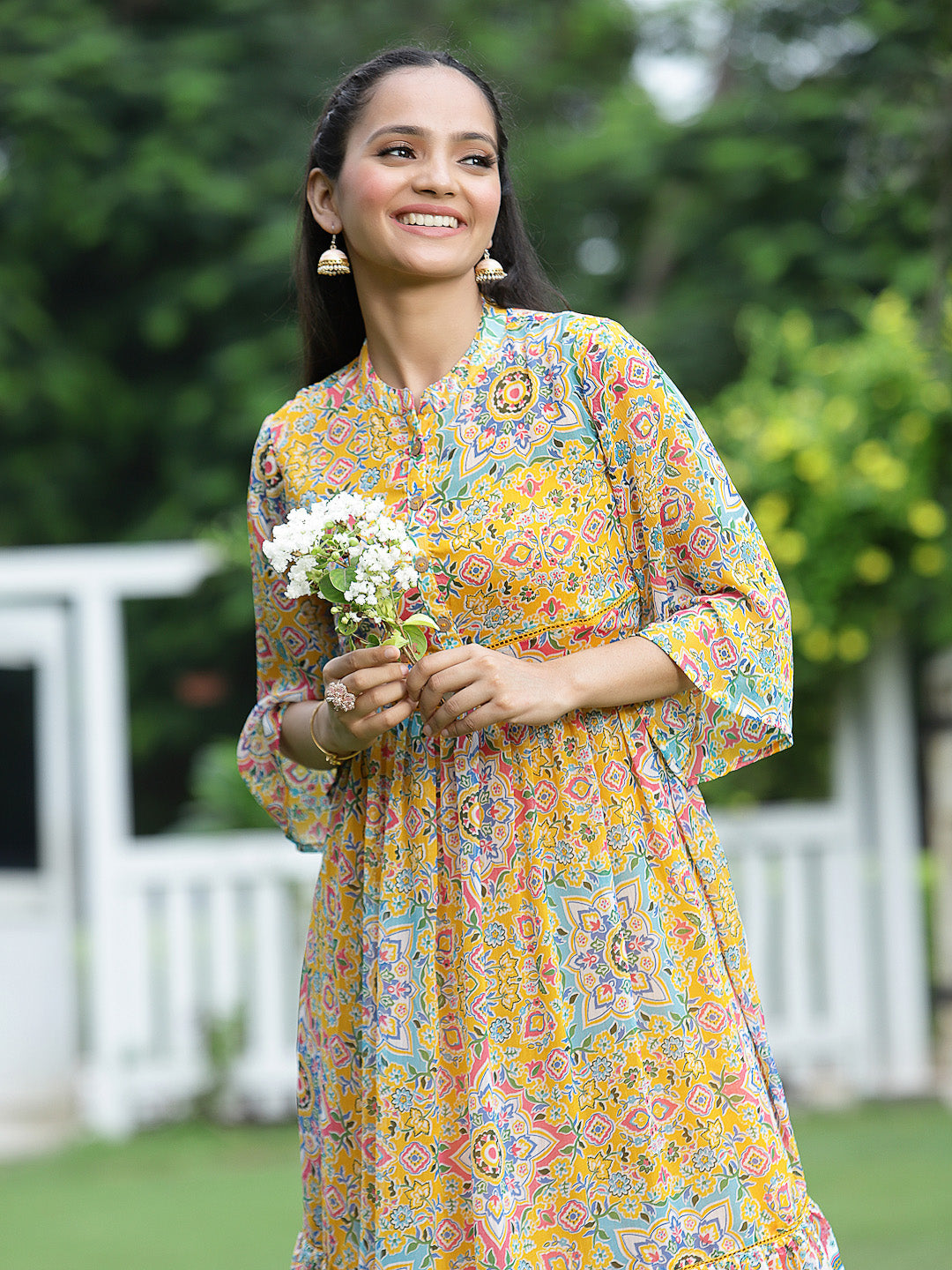 Juniper Womens Mustard Chiffon Digital Printed Tiered Maxi Dress | Grocsy