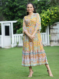 Juniper Womens Mustard Chiffon Digital Printed Tiered Maxi Dress | Grocsy