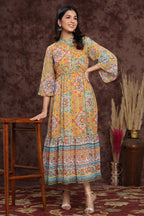 Juniper Women's Mustard Chiffon Printed Tiered Dress | Grocsy