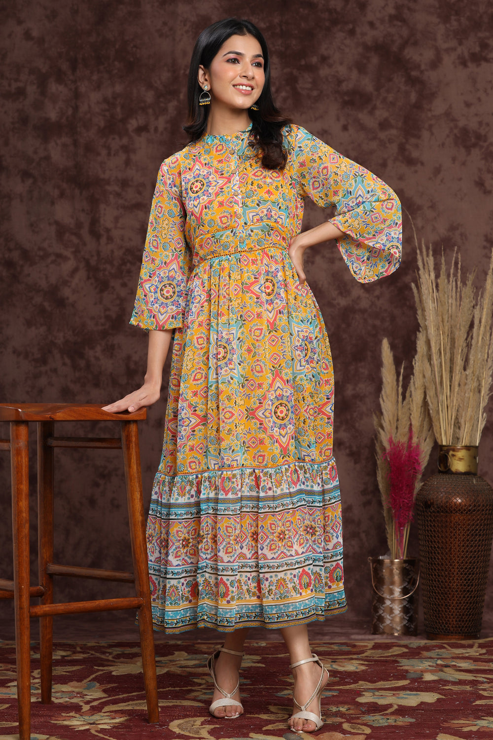 Juniper Women's Mustard Chiffon Printed Tiered Dress | Grocsy