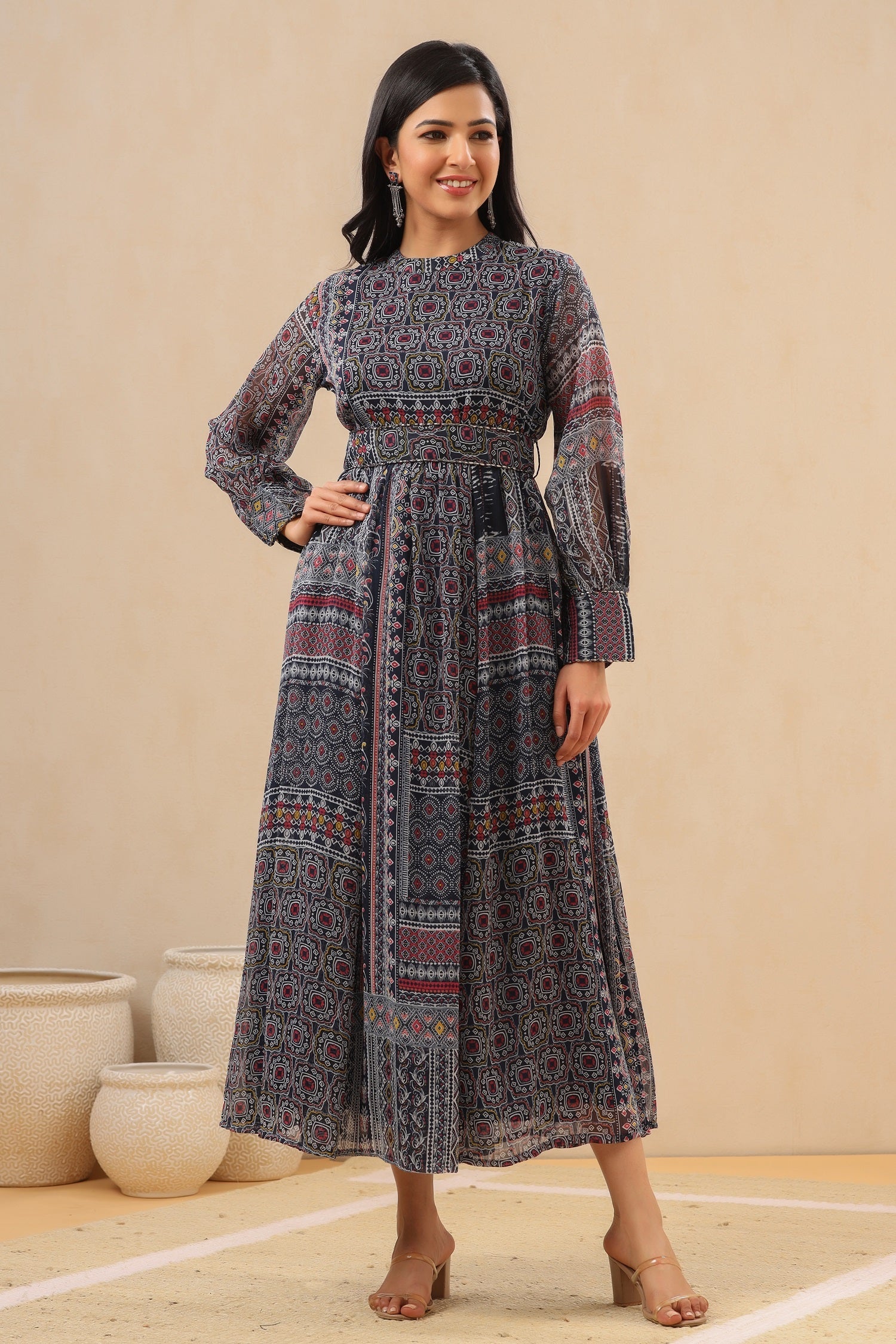 Juniper Womens Black Multi Color Geometric Digital Printed Maxi Dress With Bead Handwork | Grocsy