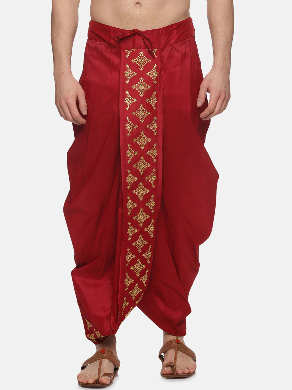 Sethukrishna Men Maroon Embroidered Dhotipants | Grocsy