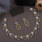 Tehzeeb Creations Silver Pleated White Diamond With Yellow Beads Necklace Set | Grocsy
