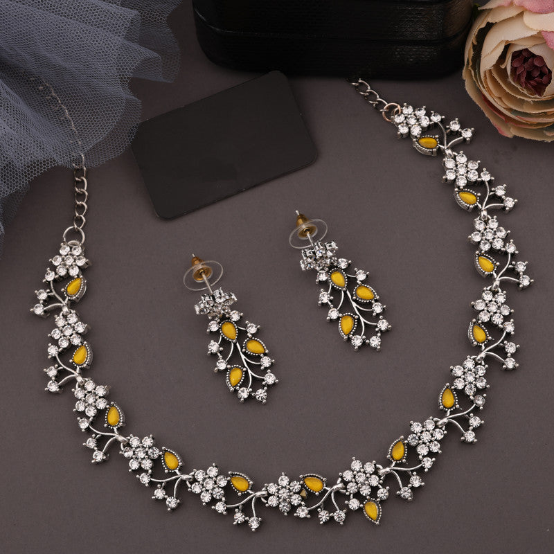 Tehzeeb Creations Silver Pleated White Diamond With Yellow Beads Necklace Set | Grocsy