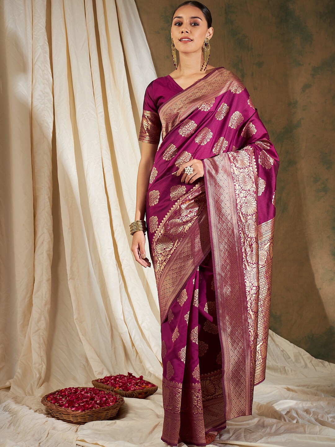 Sangria Burgundy & Gold-Toned Ethnic Motifs Woven Design Zari Silk Blend Banarasi Saree | Grocsy