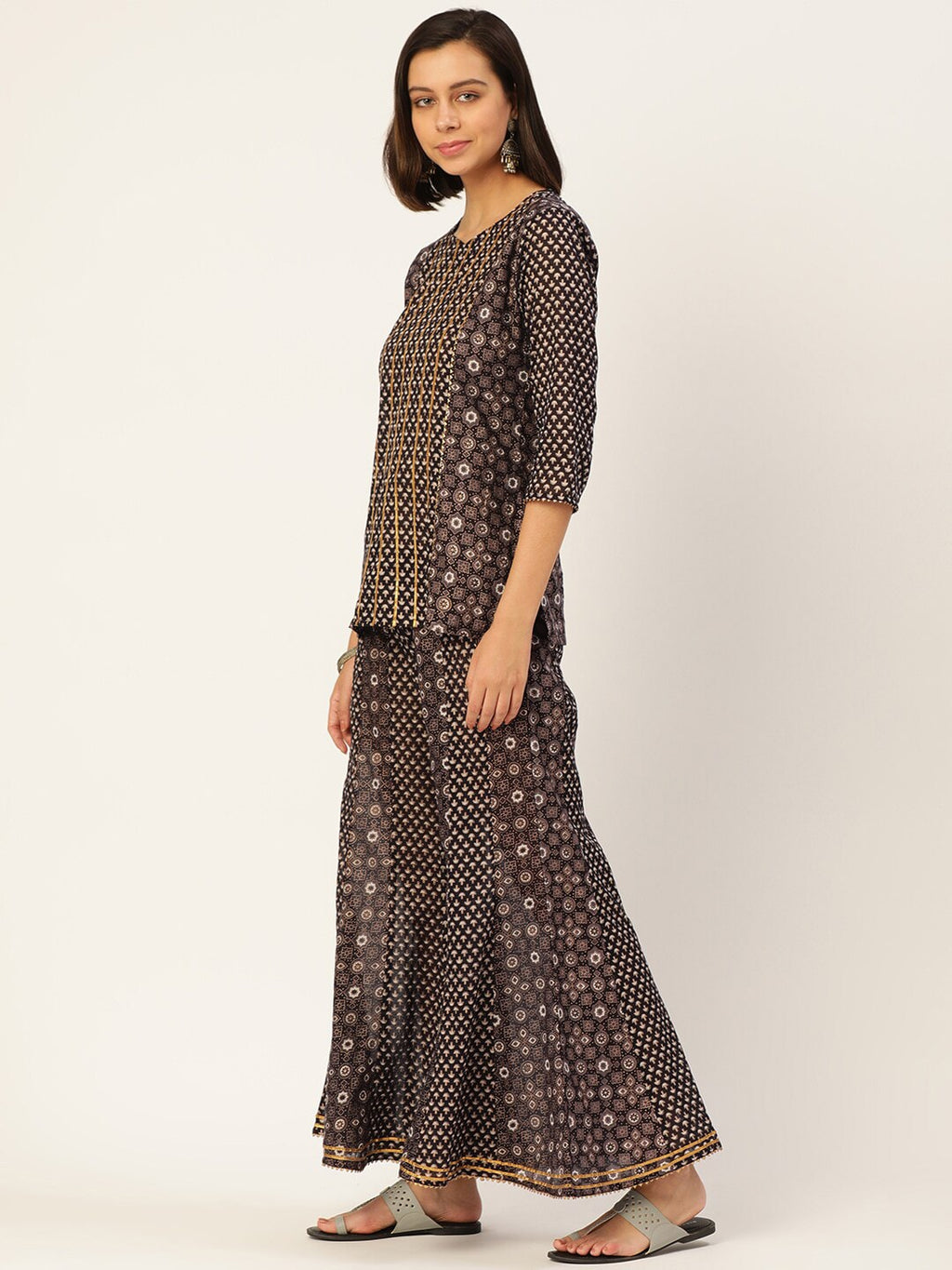 HERE&NOW Women Brown Printed Pure Cotton Top with Palazzos & With Dupatta | Grocsy