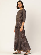 HERE&NOW Women Brown Printed Pure Cotton Top with Palazzos & With Dupatta | Grocsy