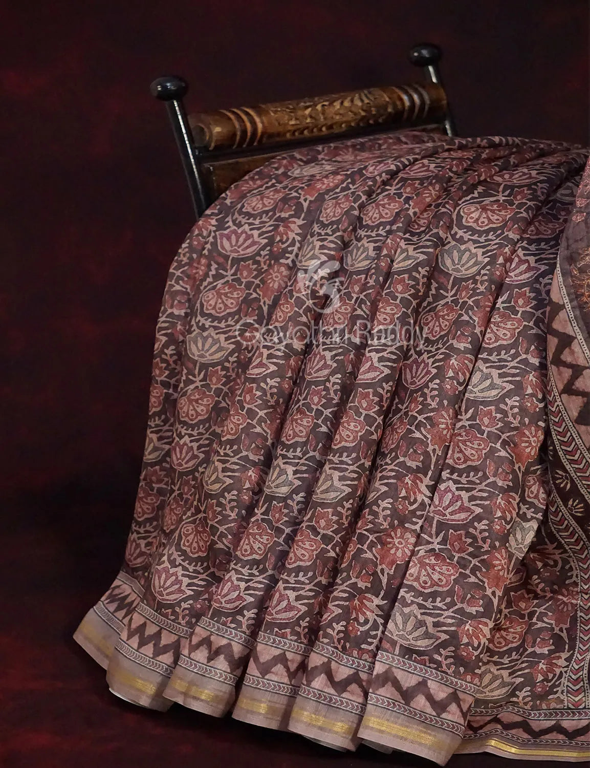 Dark Chikoo Colour Kalamkaari Design Semi Chanderi Saree By Gayathri Reddy Designer Studio | Grocsy