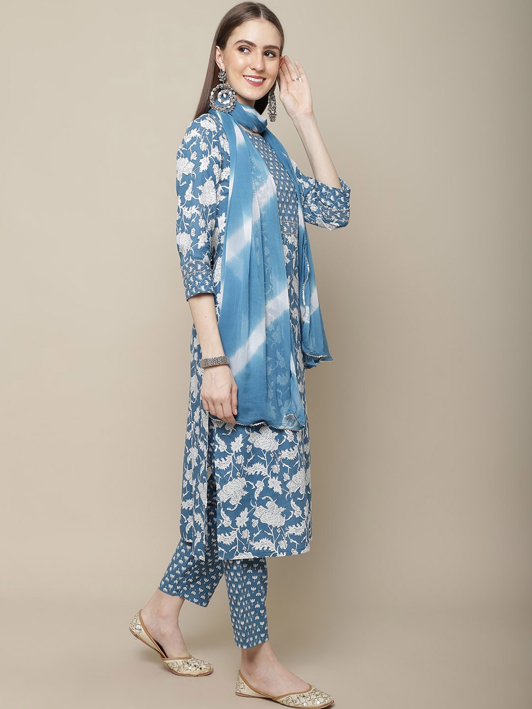 Sangria Women Blue Ethnic Motifs Printed Gotta Patti Pure Cotton Kurta with Trousers & With Dupatta | Grocsy