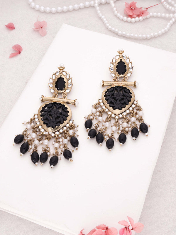 Tehzeeb Creations Latest Black Colour Gold Polish Kundan & Pearl Studded Designer Drop Long Earrings For Women And Girls Green | Grocsy