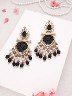 Tehzeeb Creations Latest Black Colour Gold Polish Kundan & Pearl Studded Designer Drop Long Earrings For Women And Girls Green | Grocsy