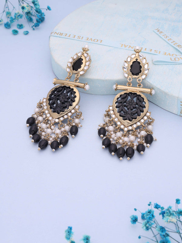 Tehzeeb Creations Latest Black Colour Gold Polish Kundan & Pearl Studded Designer Drop Long Earrings For Women And Girls Green | Grocsy
