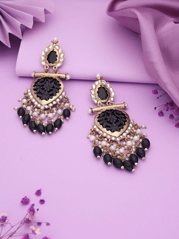Tehzeeb Creations Latest Black Colour Gold Polish Kundan & Pearl Studded Designer Drop Long Earrings For Women And Girls Green | Grocsy