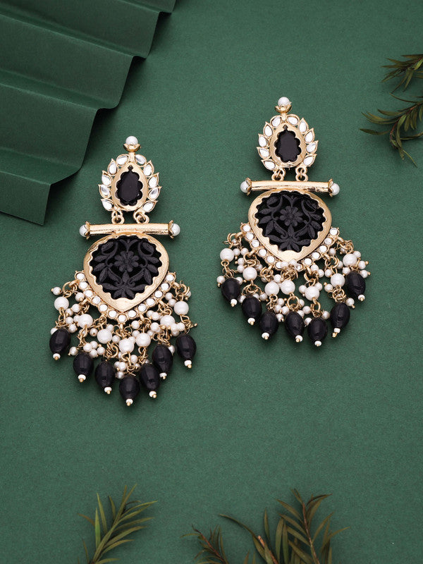Tehzeeb Creations Latest Black Colour Gold Polish Kundan & Pearl Studded Designer Drop Long Earrings For Women And Girls Green | Grocsy