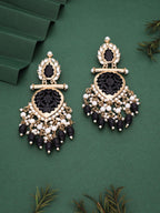 Tehzeeb Creations Latest Black Colour Gold Polish Kundan & Pearl Studded Designer Drop Long Earrings For Women And Girls Green | Grocsy