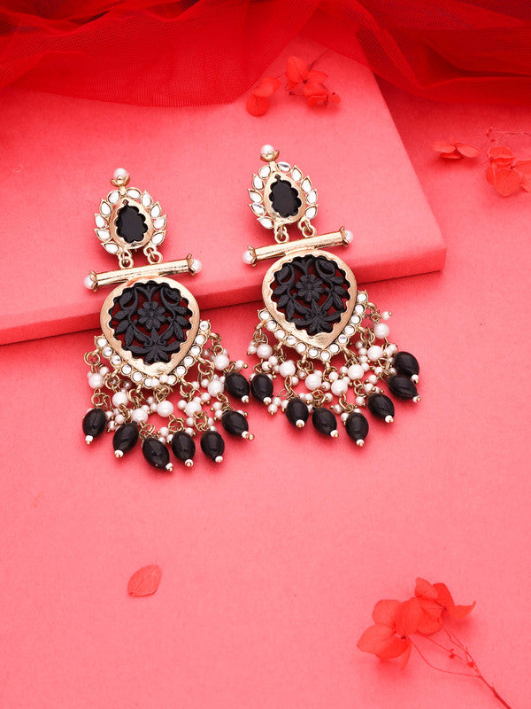 Tehzeeb Creations Latest Black Colour Gold Polish Kundan & Pearl Studded Designer Drop Long Earrings For Women And Girls Green | Grocsy