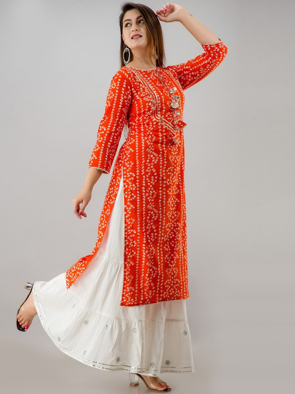 HERE&NOW Orange Tie Up Neck Bandhani Printed Gotta Patti Kurta | Grocsy