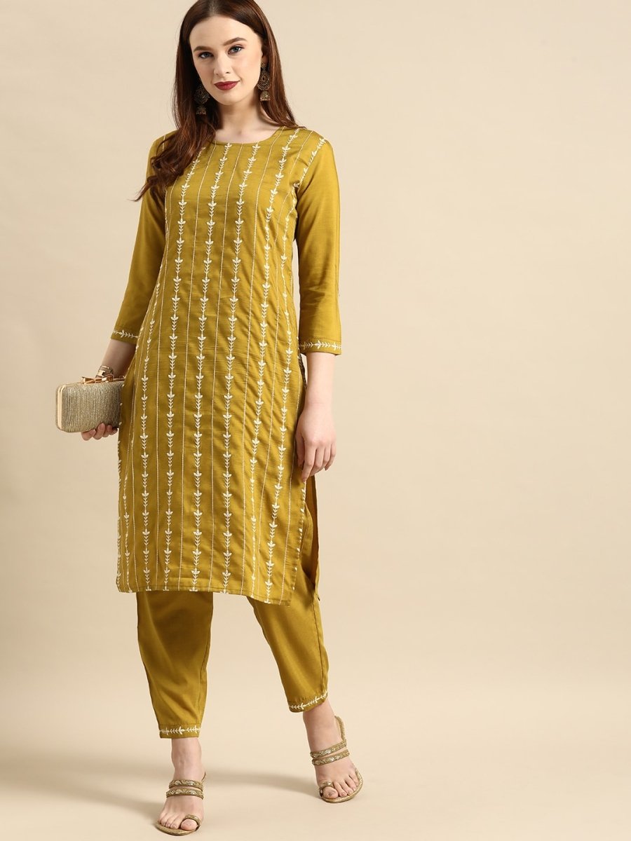 All About You Women Mustard Yellow Floral Embroidered Thread Work Kurta with Trousers | Grocsy