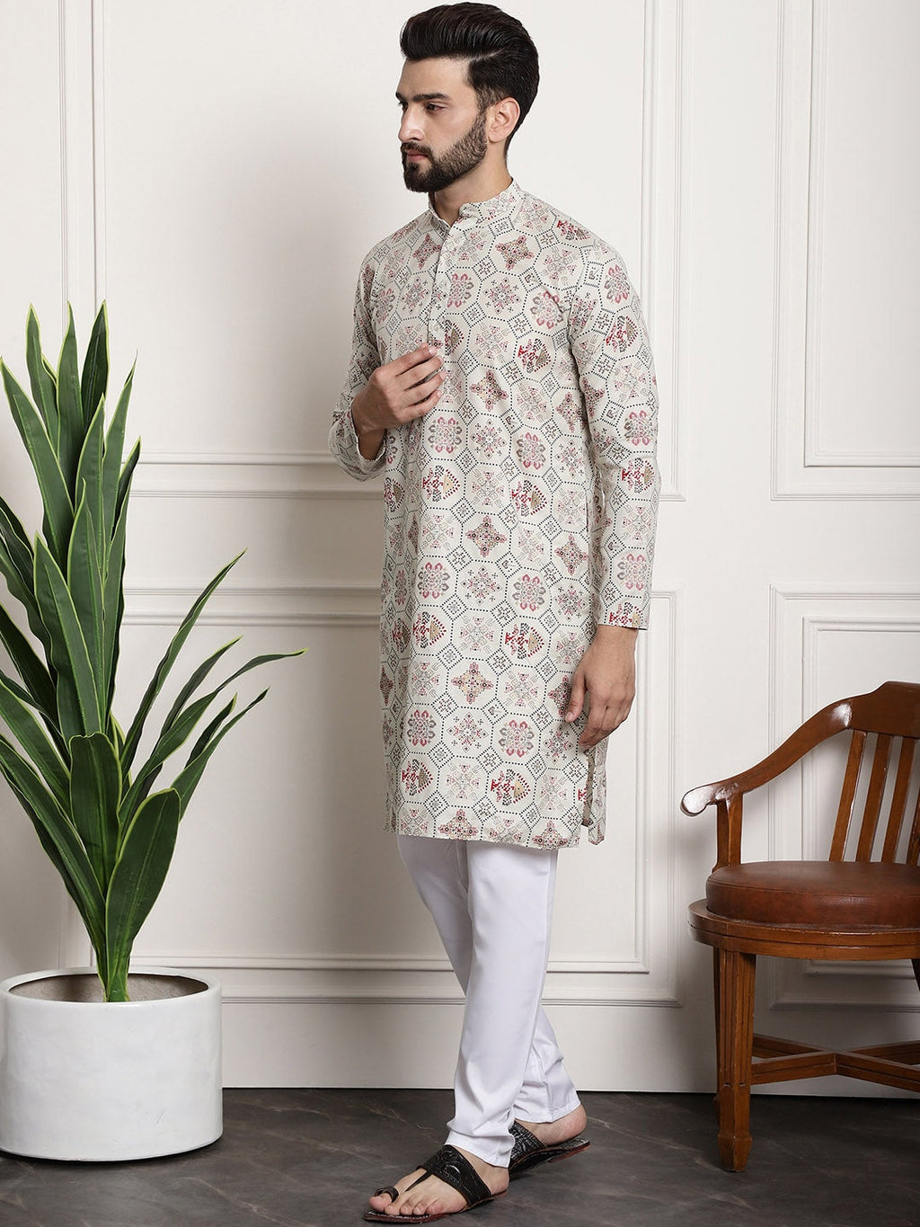 Sojanya Men Beige Printed Cotton Linen Kurta with Churidar | Grocsy