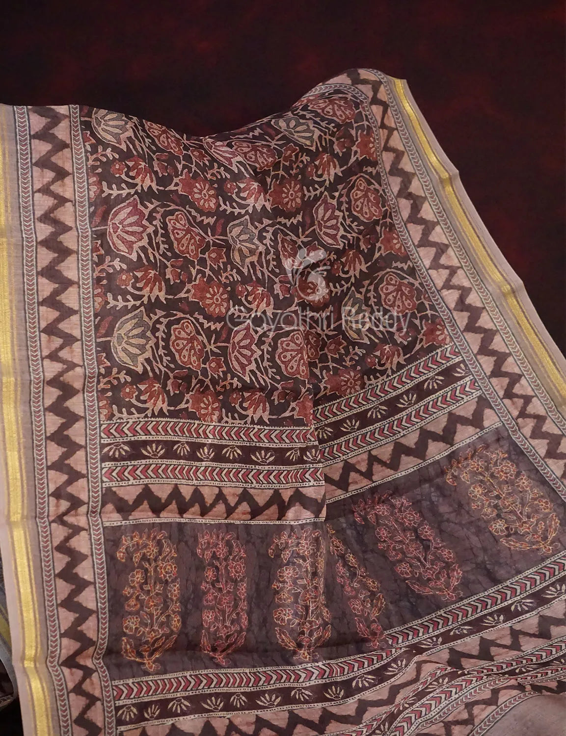 Dark Chikoo Colour Kalamkaari Design Semi Chanderi Saree By Gayathri Reddy Designer Studio | Grocsy