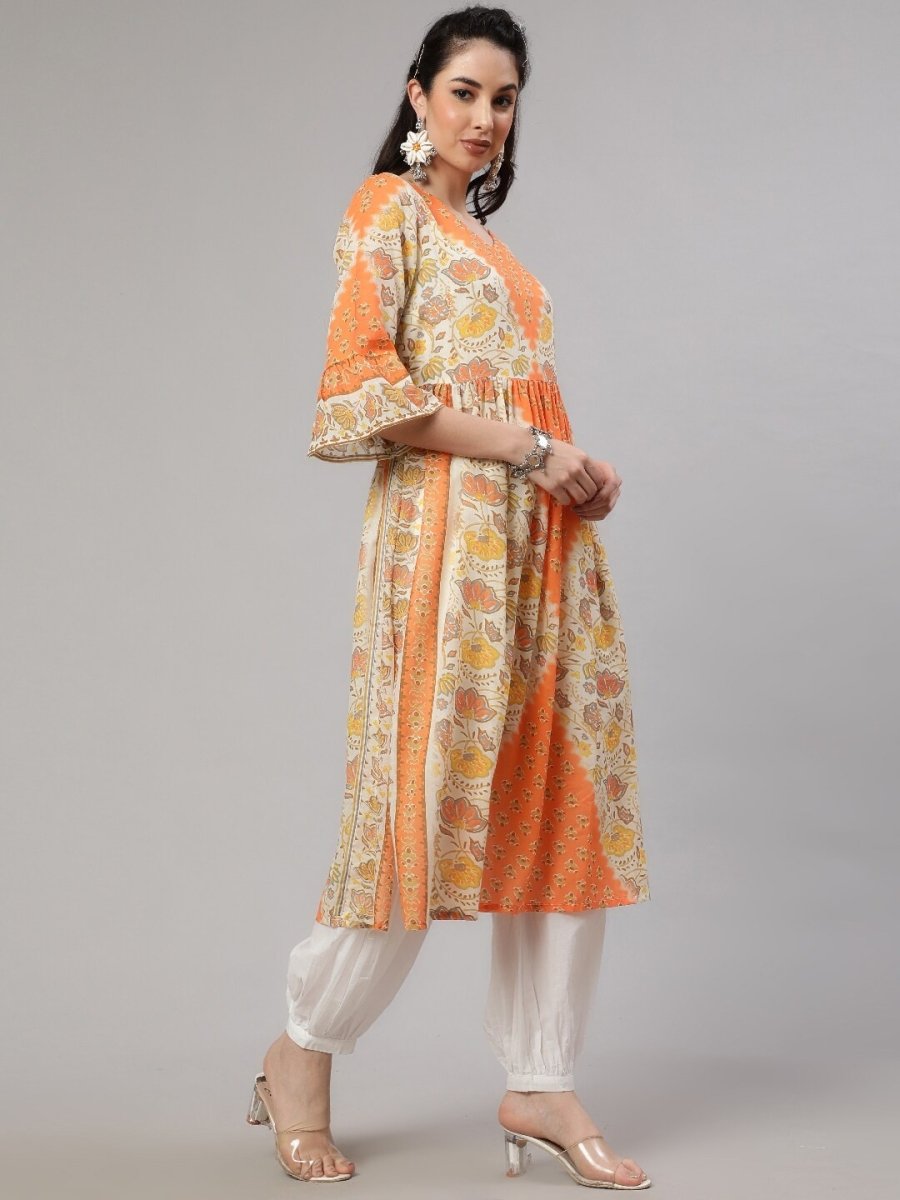 Aks Floral Printed V-Neck Bell Sleeves Pleated Cotton Kurta | Grocsy