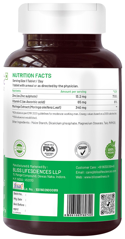 Bliss Welness Immune Health Zinc Vitamin C + Moringa Veg Tablet | Grocsy