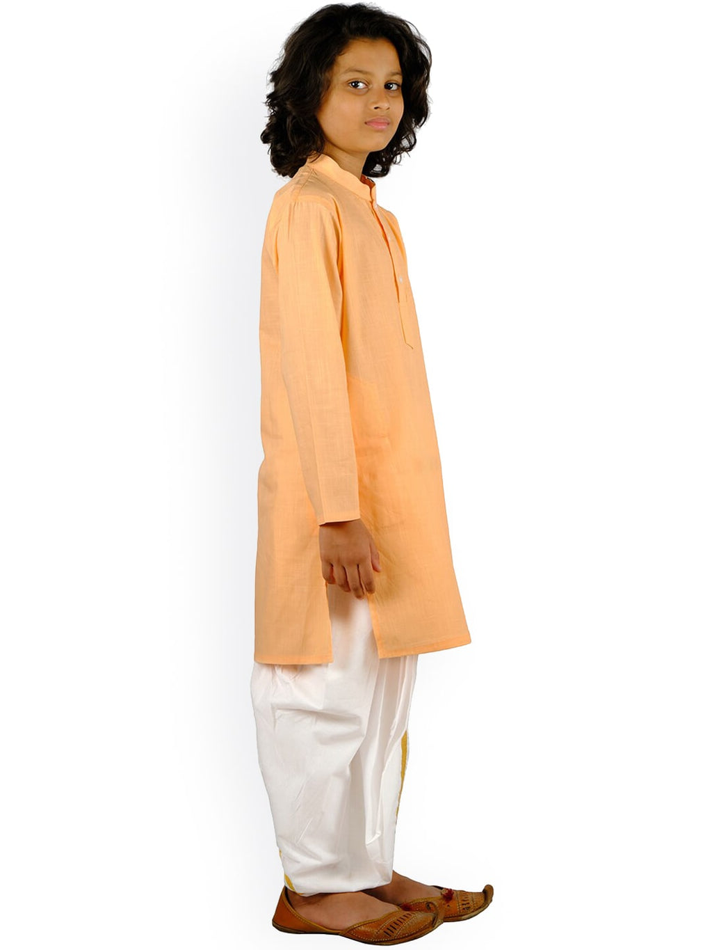 Sethukrishna Boys Orange Embroidered Pure Cotton Kurta with Churidar | Grocsy