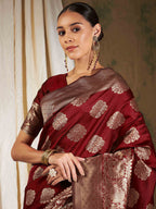 Sangria Maroon Ethnic Motifs Woven Design Zari Banarasi Saree | Grocsy